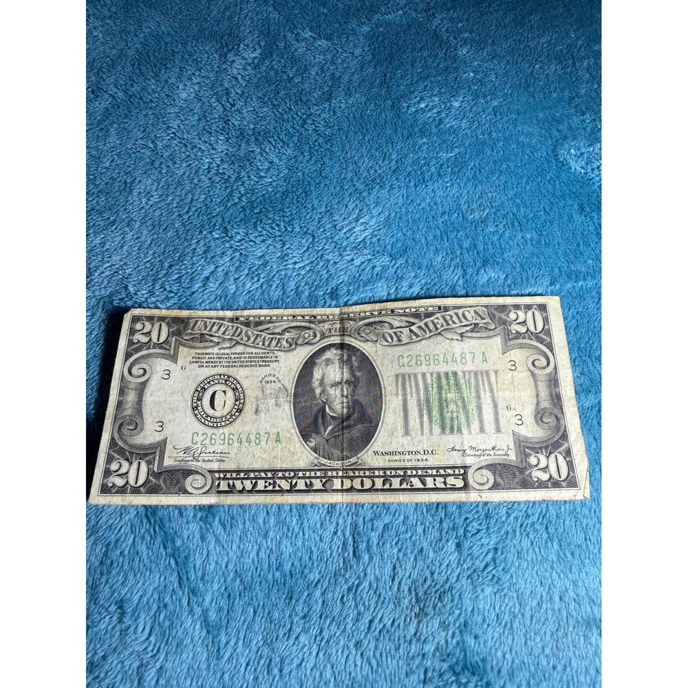 1934 A $20 Twenty Dollar Bill Federal Reserve Note Philadelphia C26964487A Green